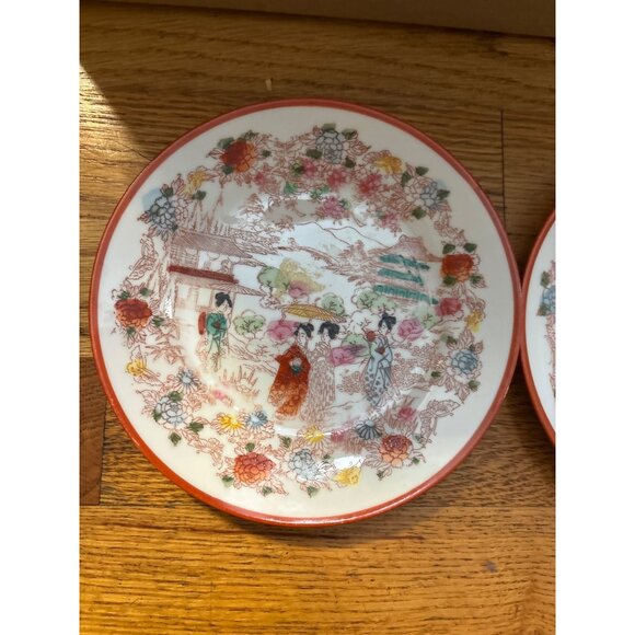 Set Of 3 Vintage Hand-Painted Japanese Porcelain Plates With Floral & Geisha Des - Picture 2 of 6